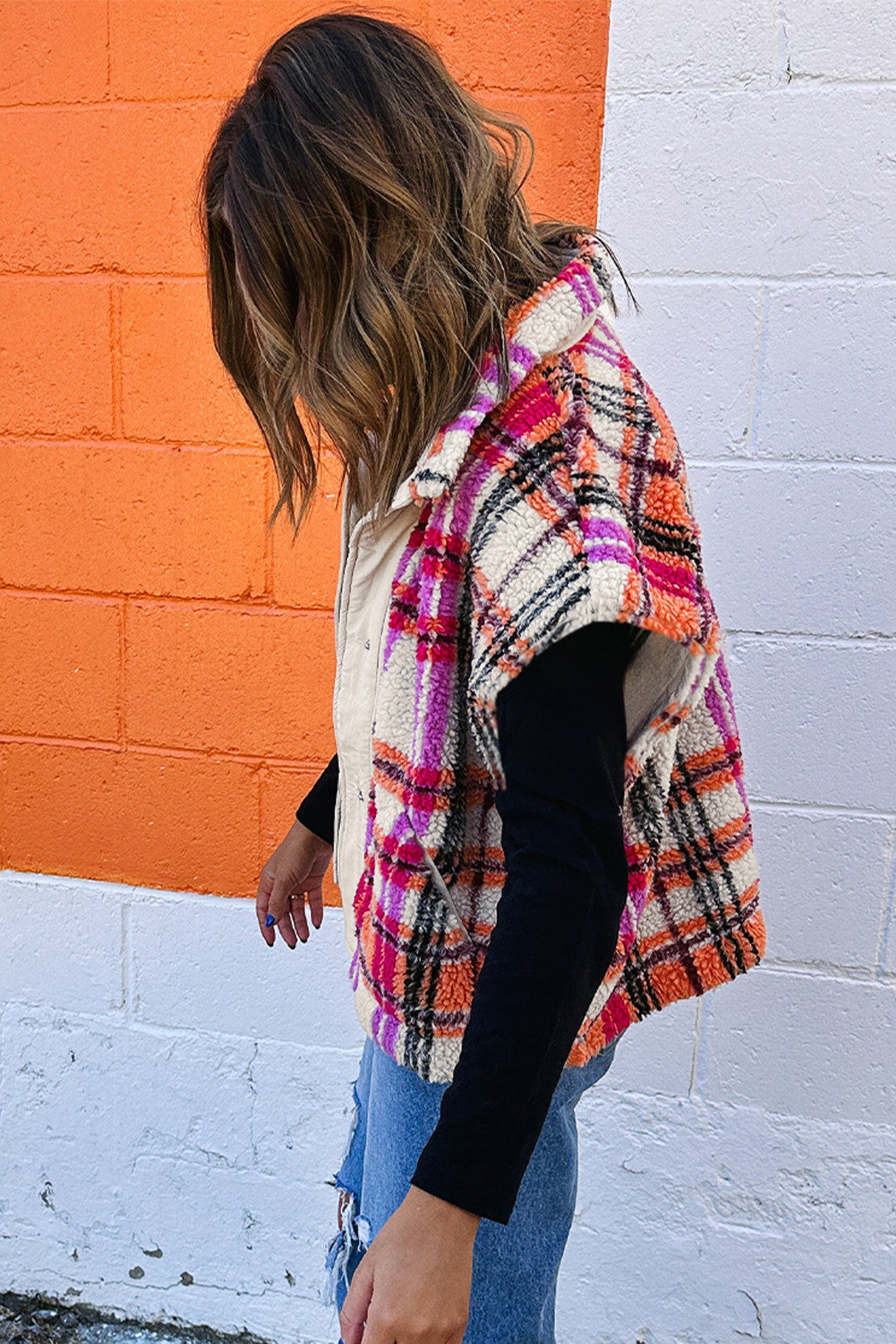 Rose Sherpa Plaid Jacket Vest - PREORDER