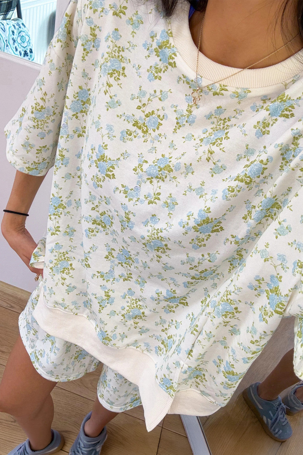 Sky Blue Floral Print Oversized Sweat Tee Elastic Waist Short Set - PREORDER