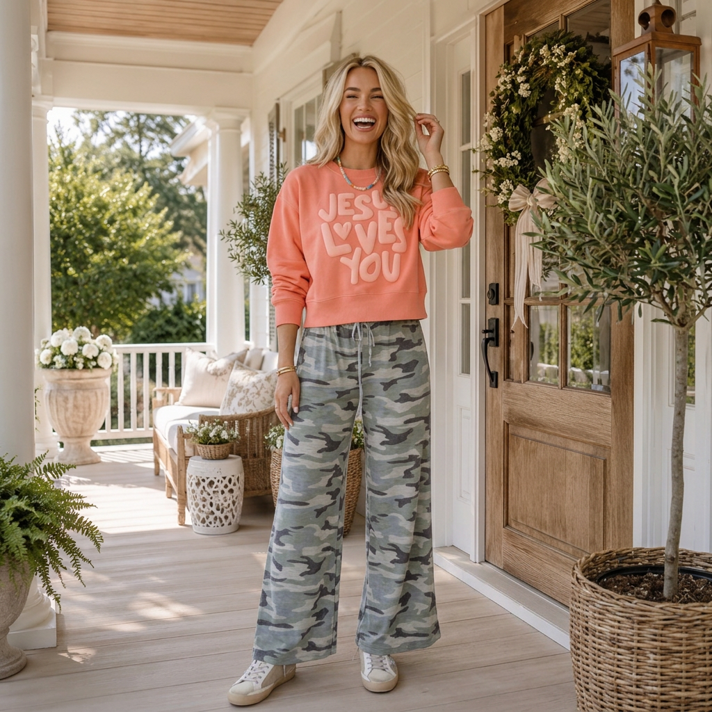 Green Camo Wide Leg Tie Elastic Waist Casual Pants - PREORDER