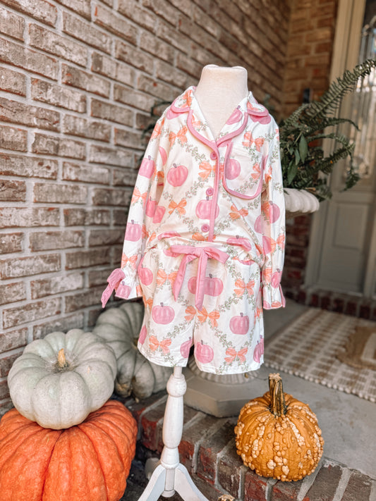 Halloween Pumpkin Floral Print Long Sleeve Top Shorts Girls Pajama Set