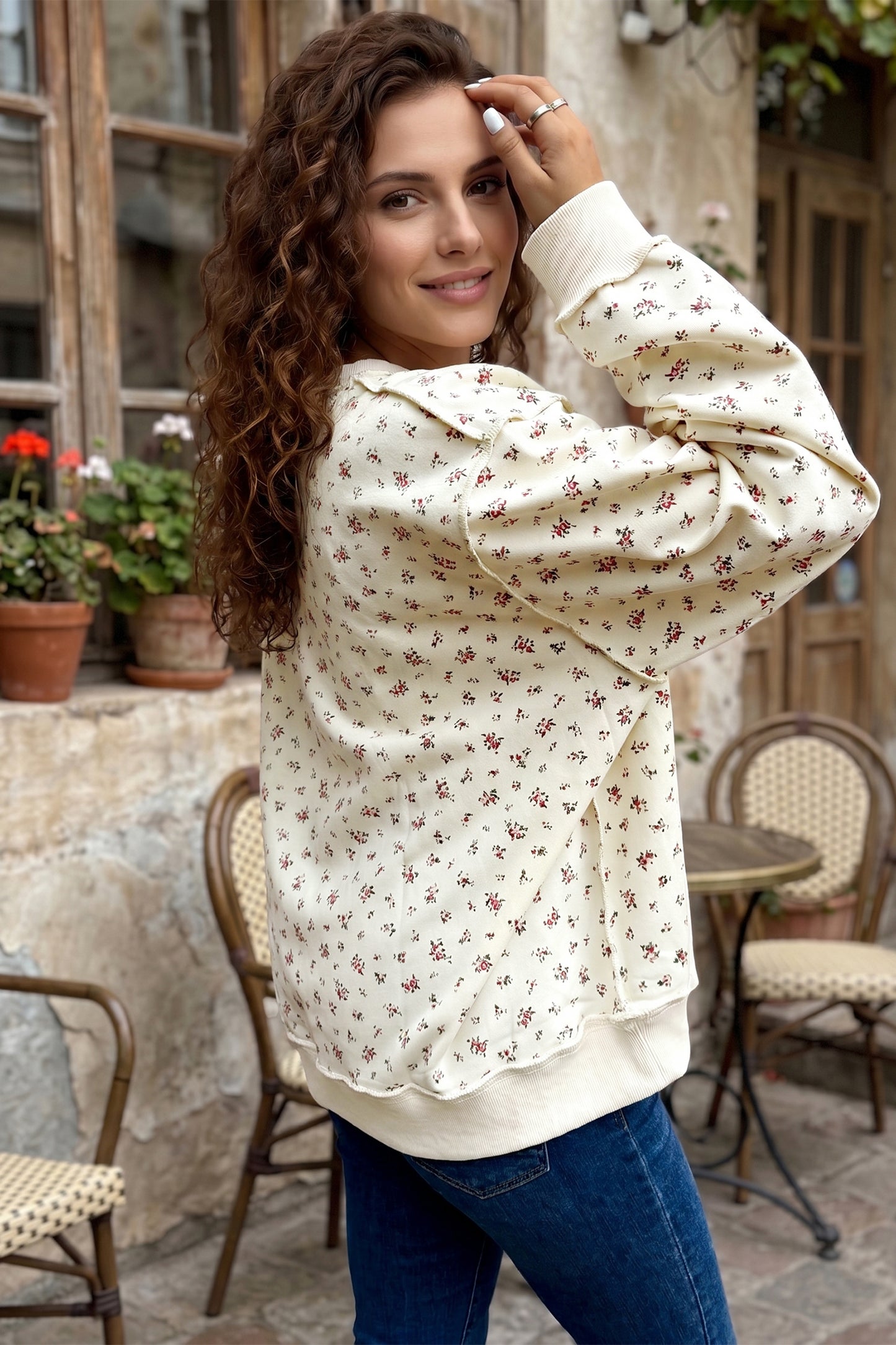Beige Ribbed High Neck Patchwork Floral Print Baggy Pullover Sweatshirt - PREORDER