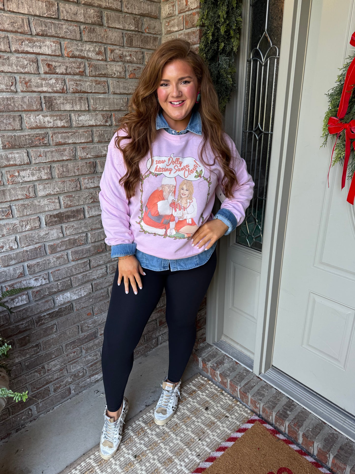 I Saw Dolly Kissing Santa Clause Pink Thrifted Sweatshirt