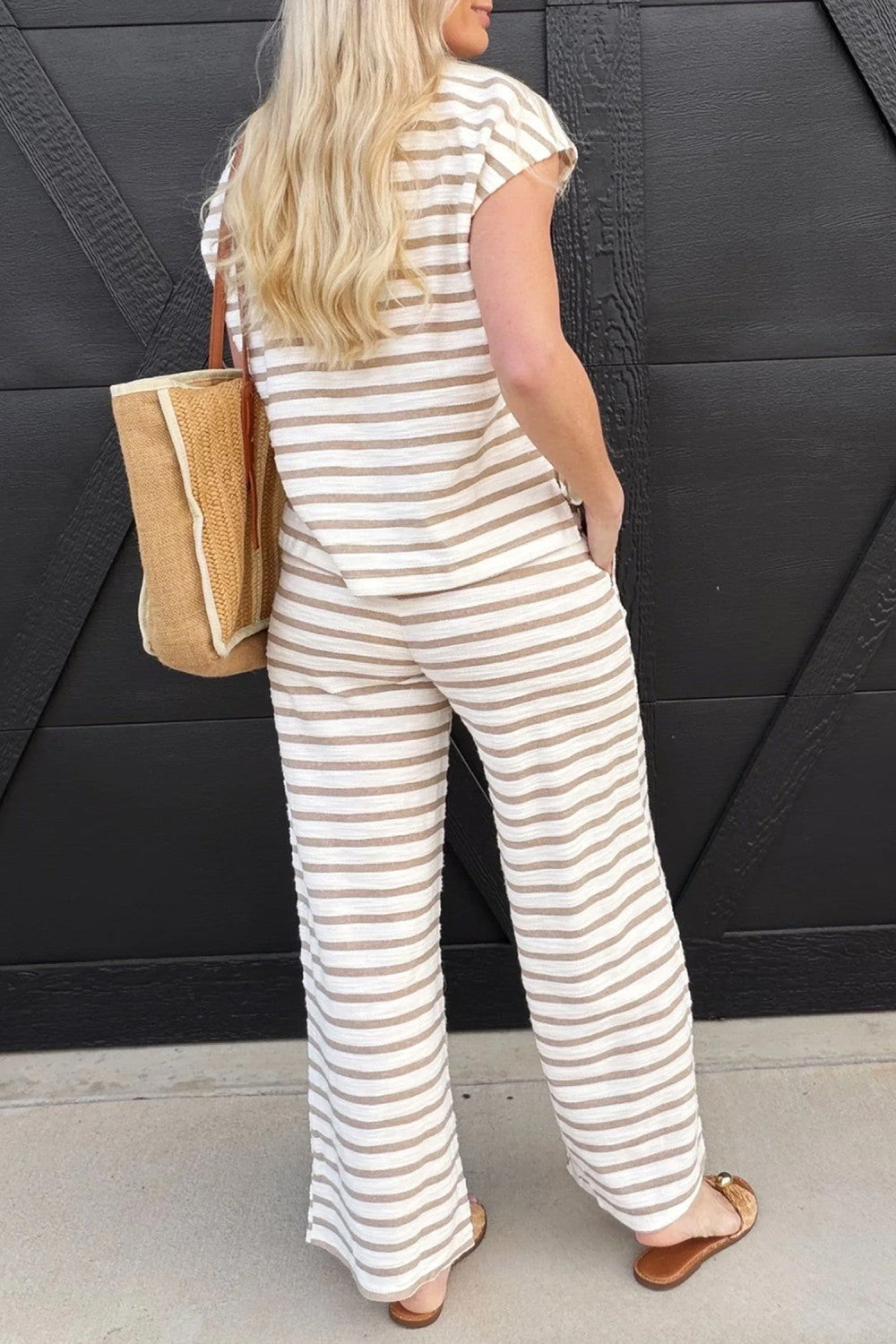 Khaki Stripe Cap Sleeve Tee Drawstring Shift Pants 2pcs Outfit - PREORDER