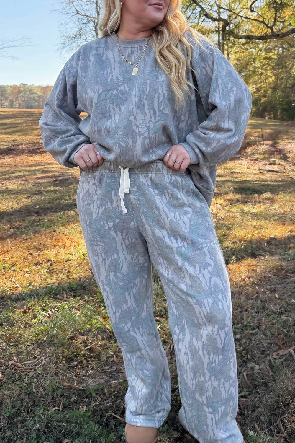Multicolour Camo Print Round Neck Long Sleeve Two-Piece Plus Size Set - PREORDER