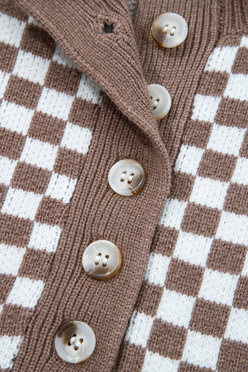 Dark Brown Half Button Ribbed Trim Checkerboard Knit Sweater - PREORDER