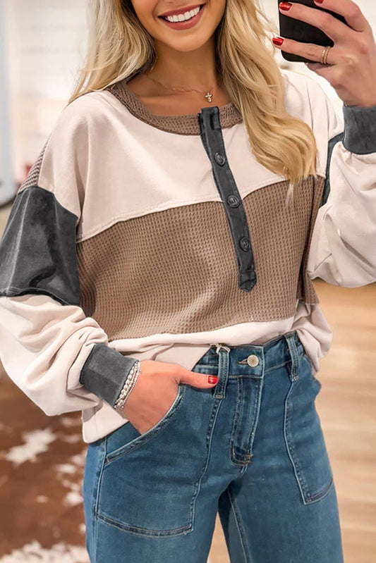 Jet Stream Color Block Waffled Patchwork Loose Henley Top - PREORDER