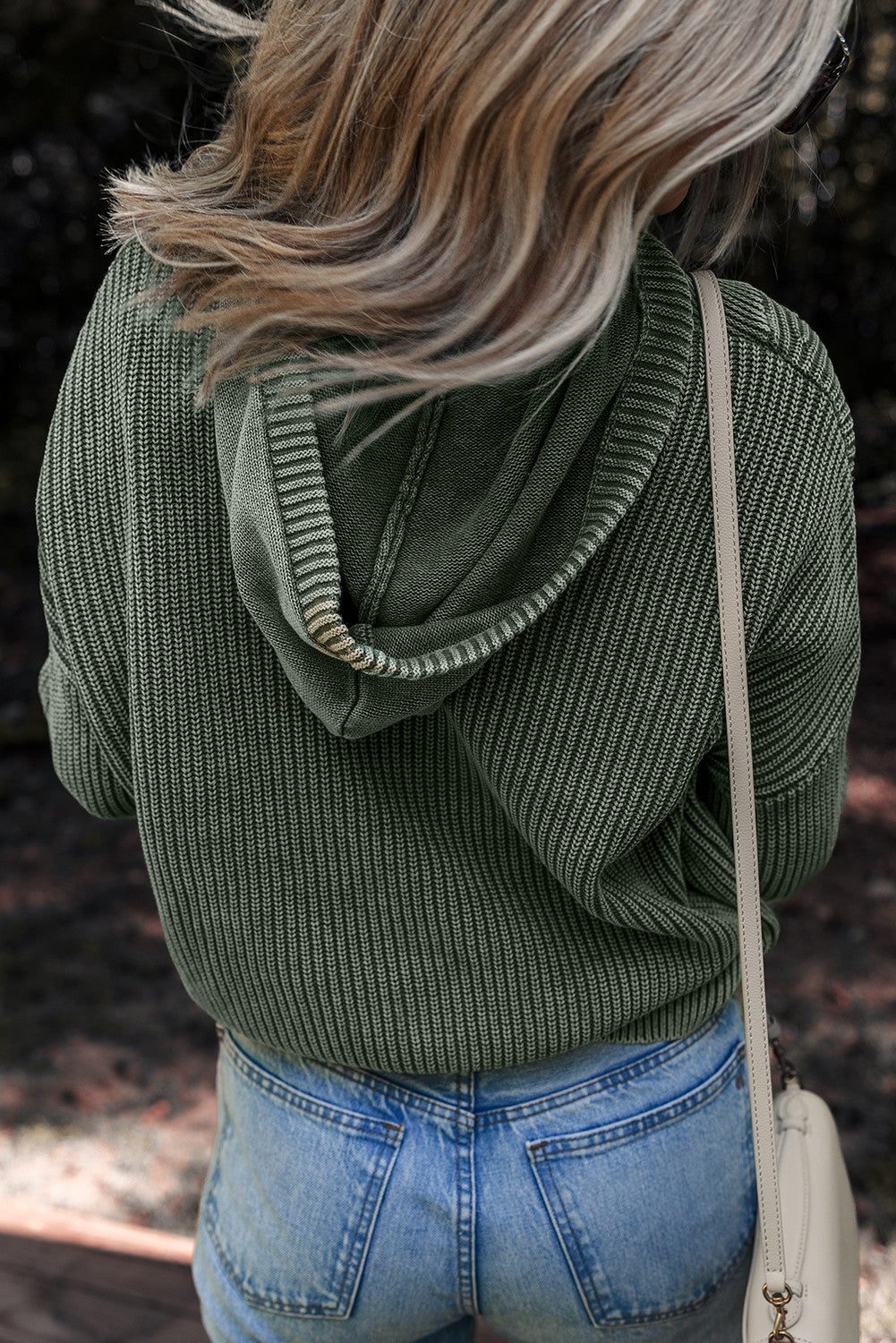 Mist Green Mineral Wash Ribbed Knit Button Drawstring Neck Hooded Sweater - PREORDER
