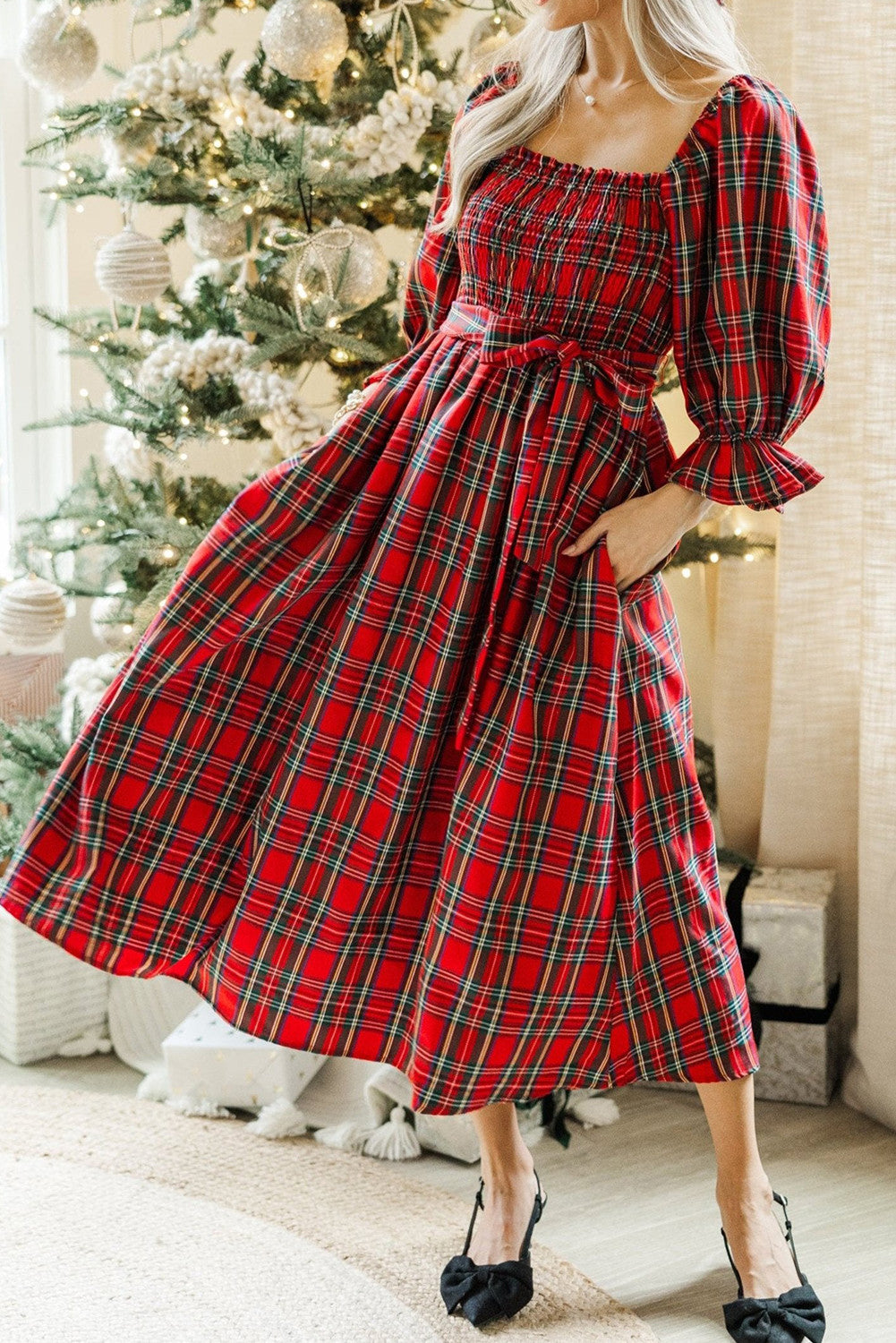 Red Tartan Plaid Square Neck Puff Sleeve Knot Waist Flared Midi Dress - PREORDER