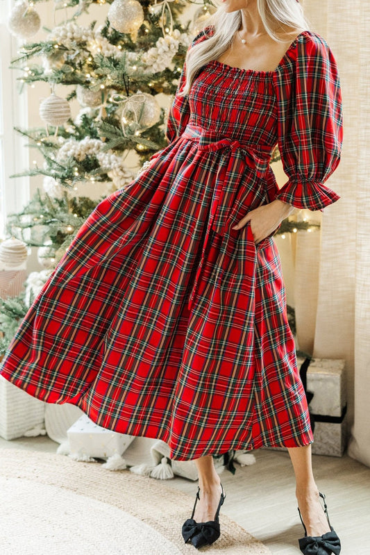 Red Tartan Plaid Square Neck Puff Sleeve Knot Waist Flared Midi Dress - PREORDER