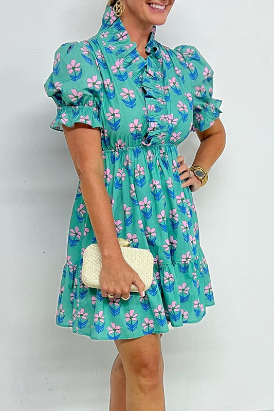 Green Floral Print Frilly Smocked Detail High Waist Mini Dress - PREORDER