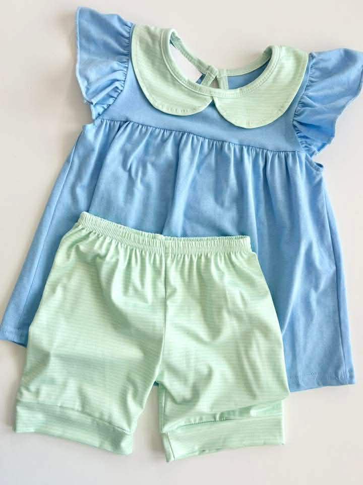 Girls Blue With Green & White Stripes Summer Set- PREORDER