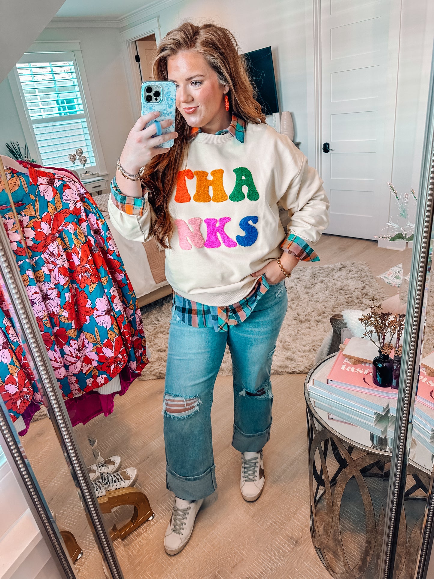 Apricot THANKS Chenille Embroidered Sweatshirt