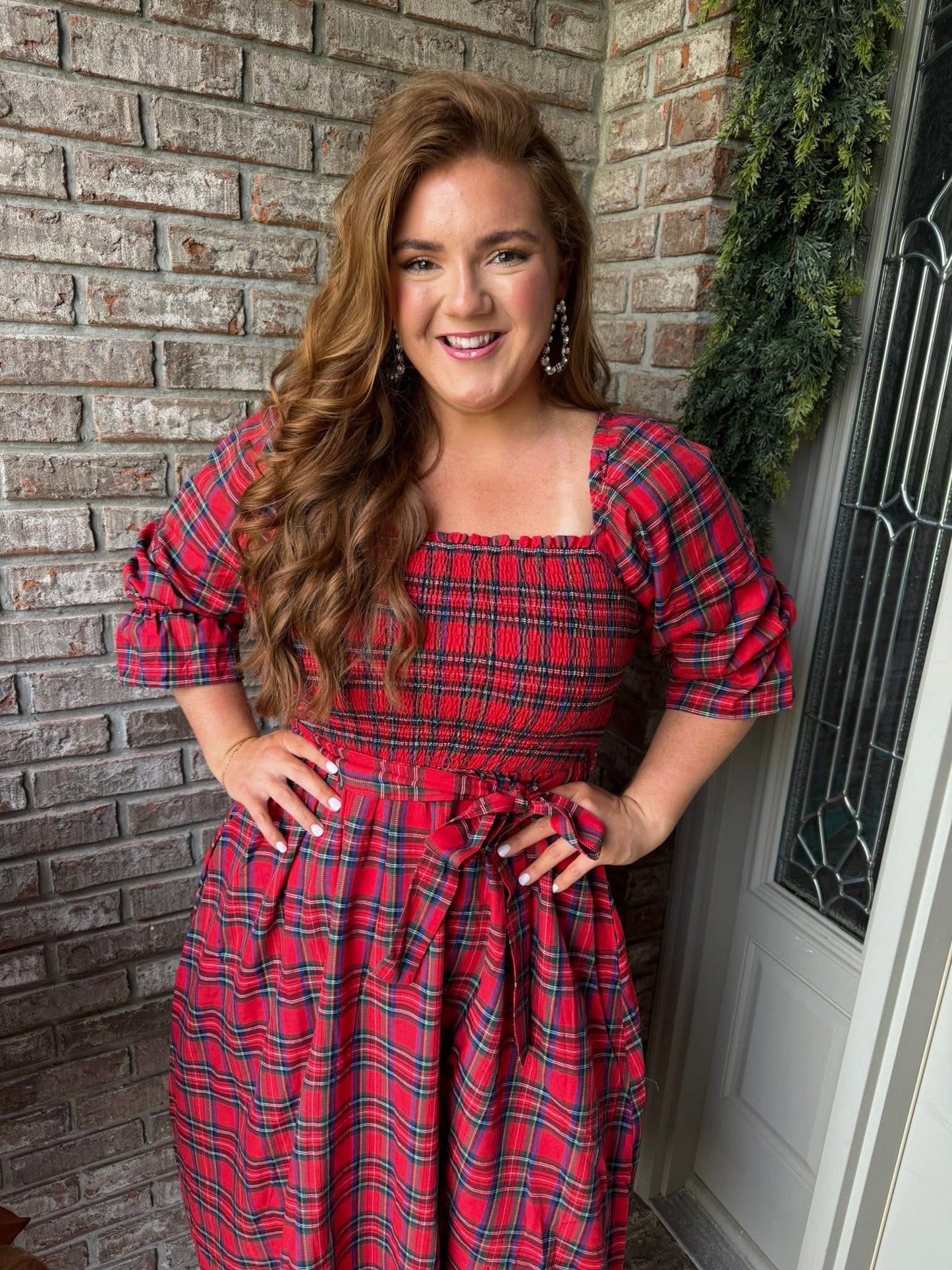Red Tartan Plaid Square Neck Puff Sleeve Knot Waist Flared Midi Dress