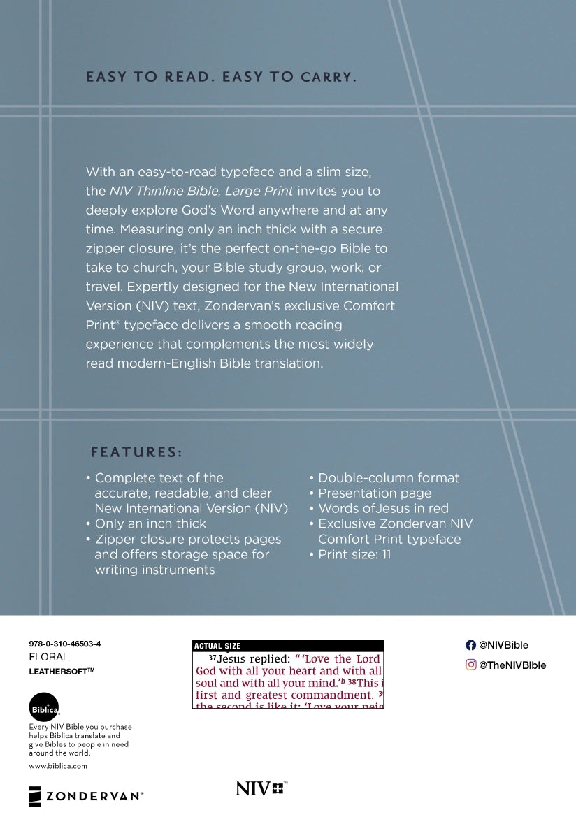 Niv Thinline Bible Large Print Leathersoft Floral, Zippered - PREORDER