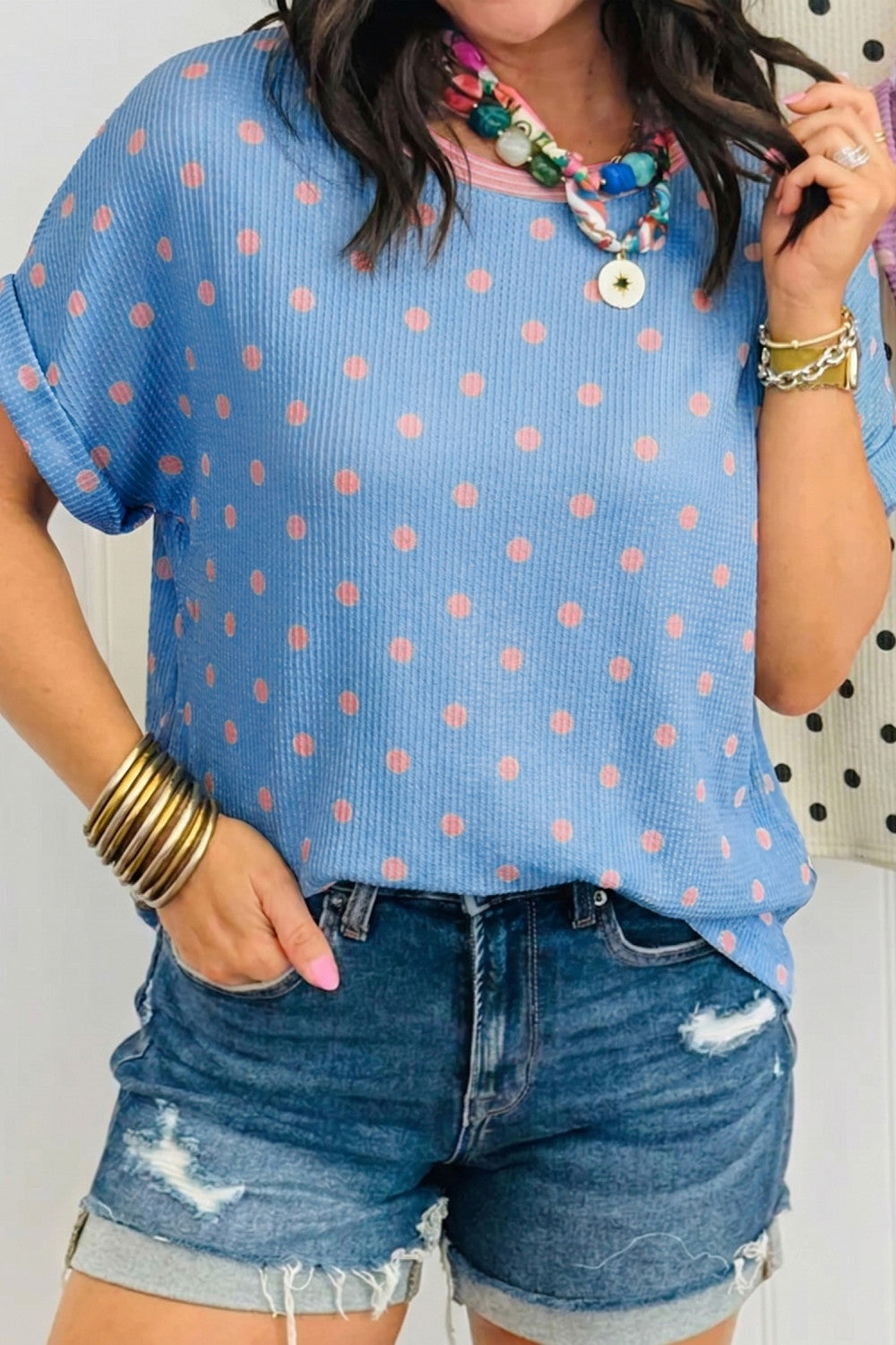 Sky Blue Raised Rib Polka Dot Print Cuffed Short Sleeve Top - PREORDER