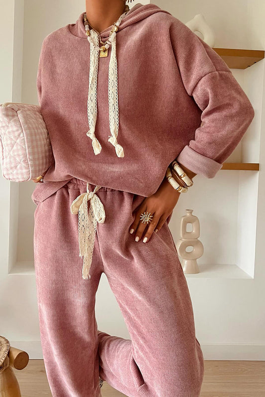 Rose Tan Lace Drawstring Pullover Hoodie and High Waist Pants Corduroy Suit- PREORDER