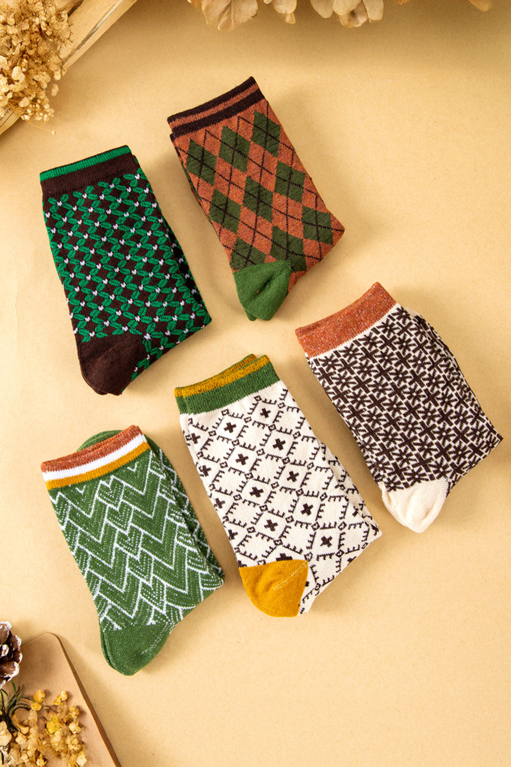 5 Pairs Retro Geometric Pattern Combed Cotton Socks Set - PREORDER