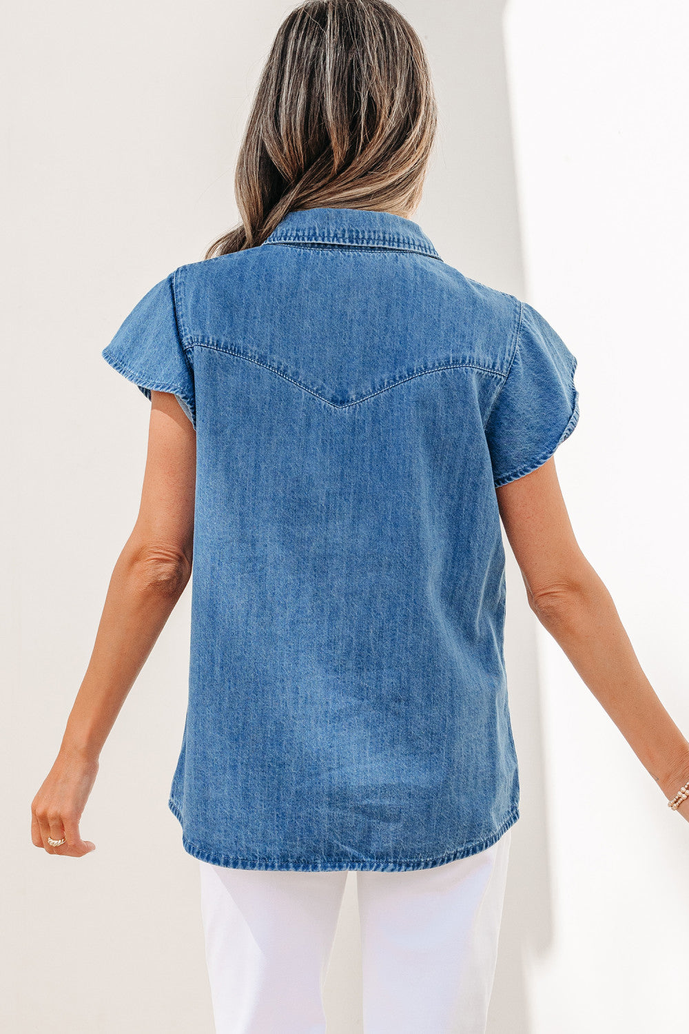 Dusk Blue Ruffled Short Sleeve Denim Shirt - PREORDER