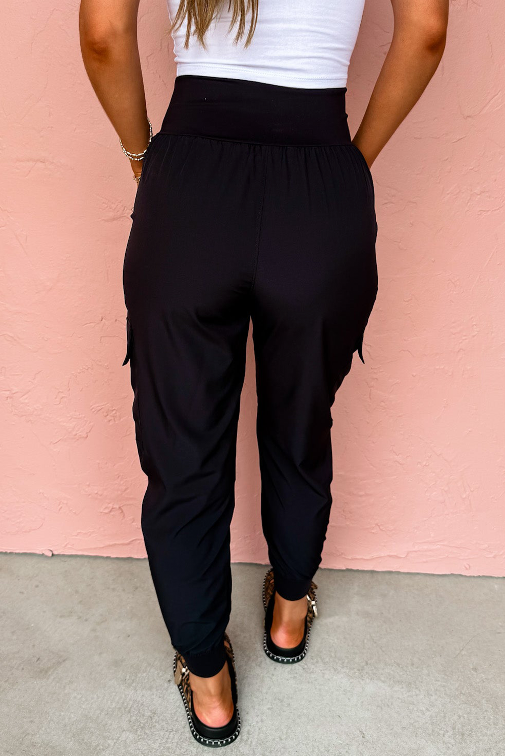 Black Elastic High Waist Pocketed Cargo Jogger Pants - PREORDER