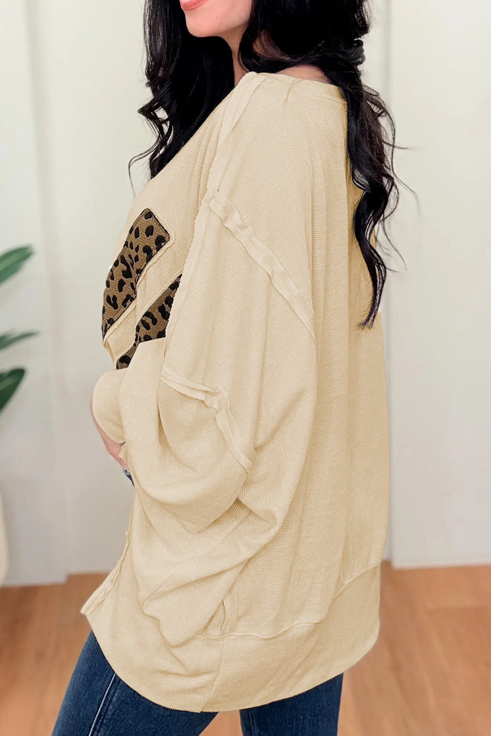 Parchment Oversize Leopard LOVE Patched Graphic Round Neck Casual Sweatshirt - PREORDER