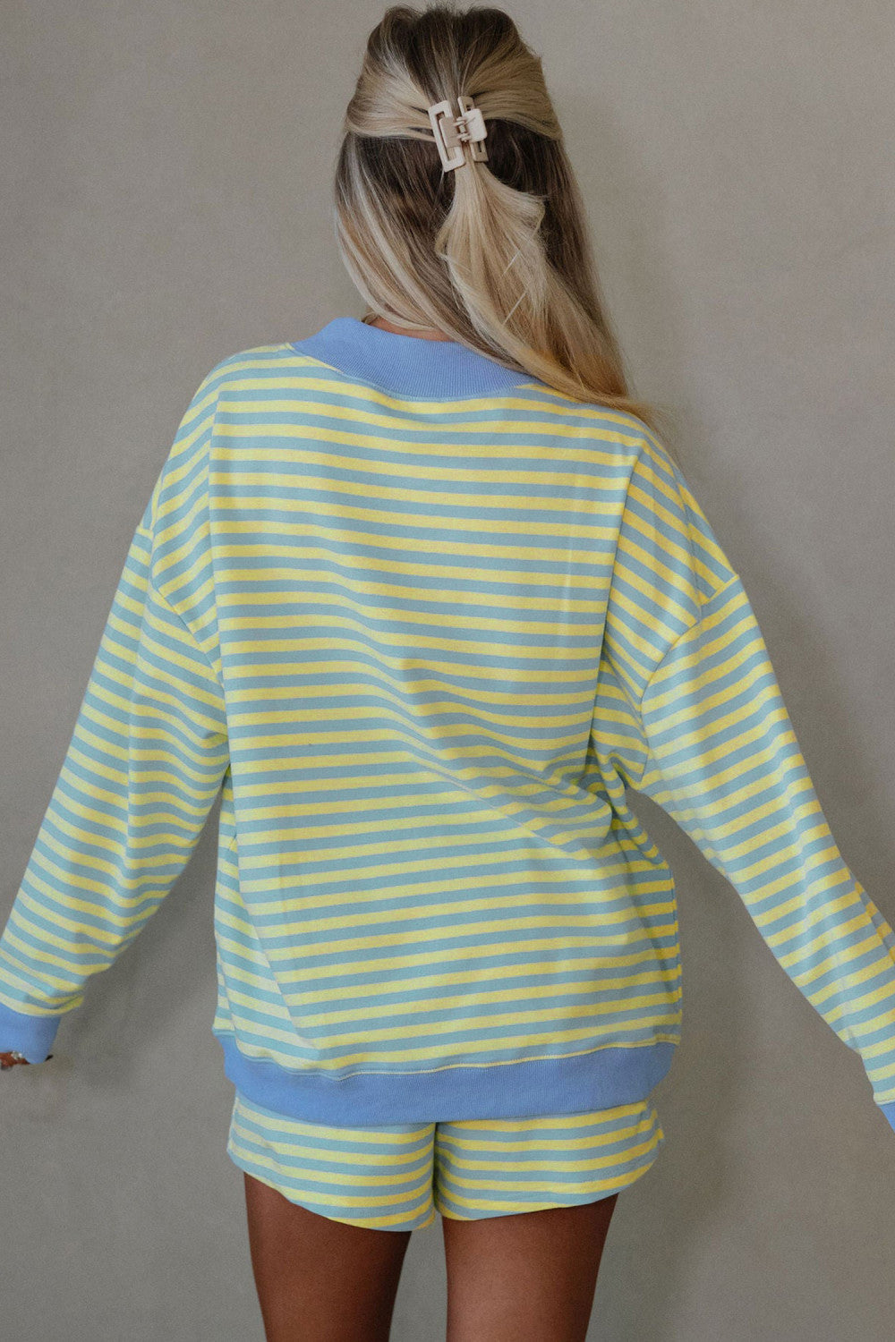 Yellow Stripe Color Block Detail Long Sleeve Pullover Elastic Waist Pull On Shorts 2pcs Set - PREORDER