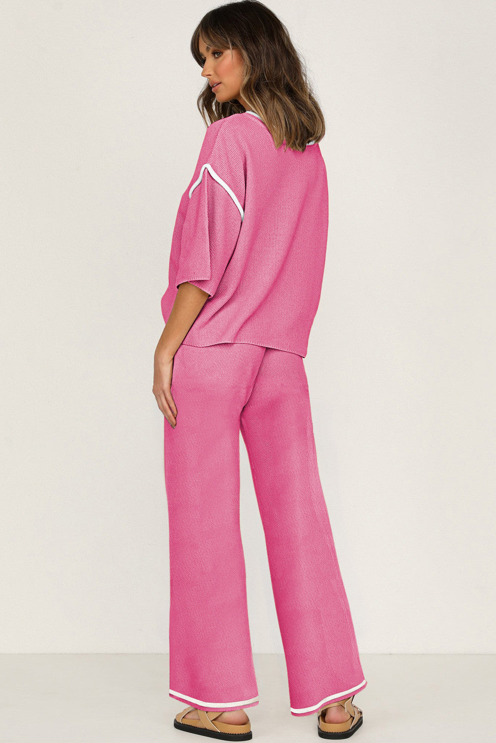 Bright Pink Contrast Trim Half Sleeve Top Drawstring Pants Loose 2pcs Sweater Suit - PREORDER
