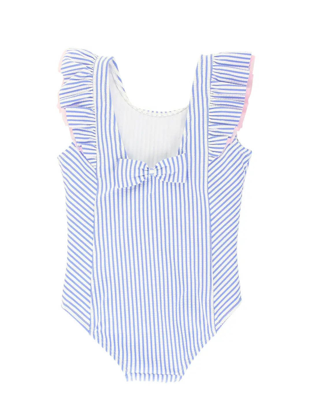 Girls Periwinkle Blue Seersucker Waterfall One Piece Swimsuit