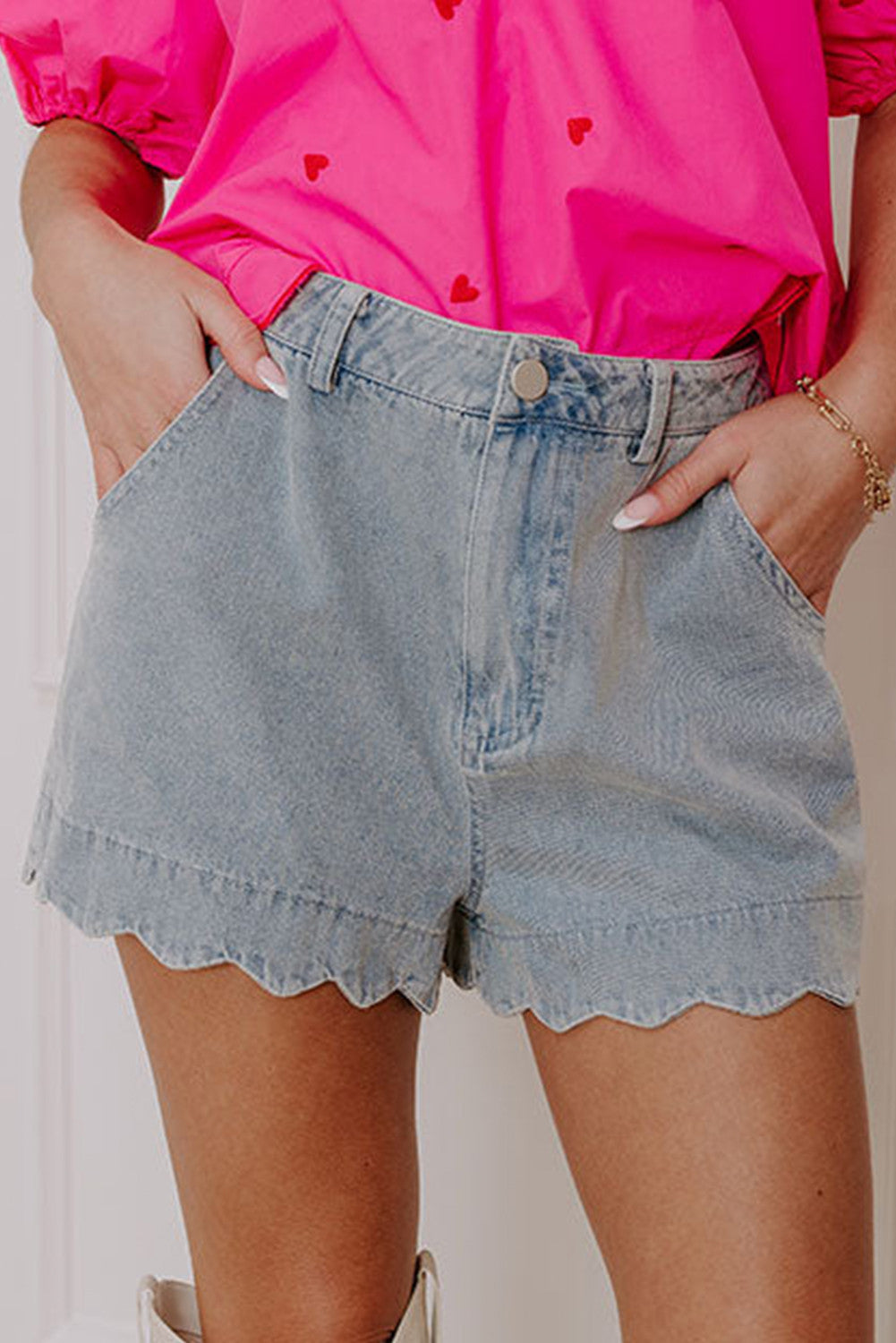 Dusk Blue Scalloped Hemline Acid Wash High Waist Denim Shorts - PREORDER