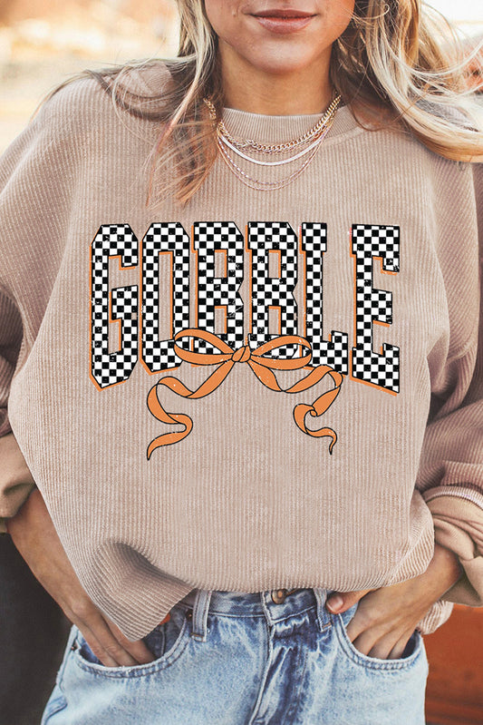 Apricot Twisted Ribbed Texture Checkered GOBBLE Bow Print Baggy Sweatshirt - PREORDER