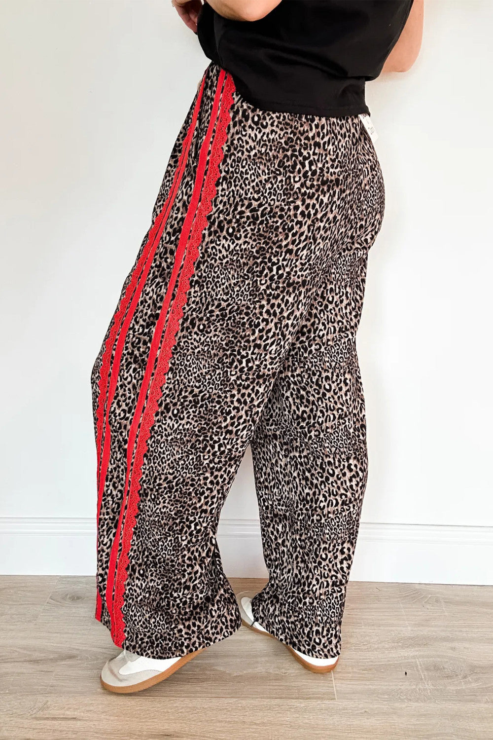 Brown Wild Leopard Print Contrast Lace Striped Detail Drawstring Pants - PREORDER