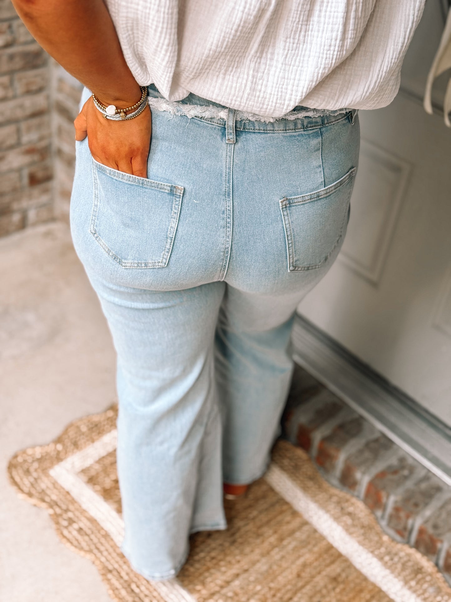 Braided Belt Detail Stretch Flare Denim Jeans