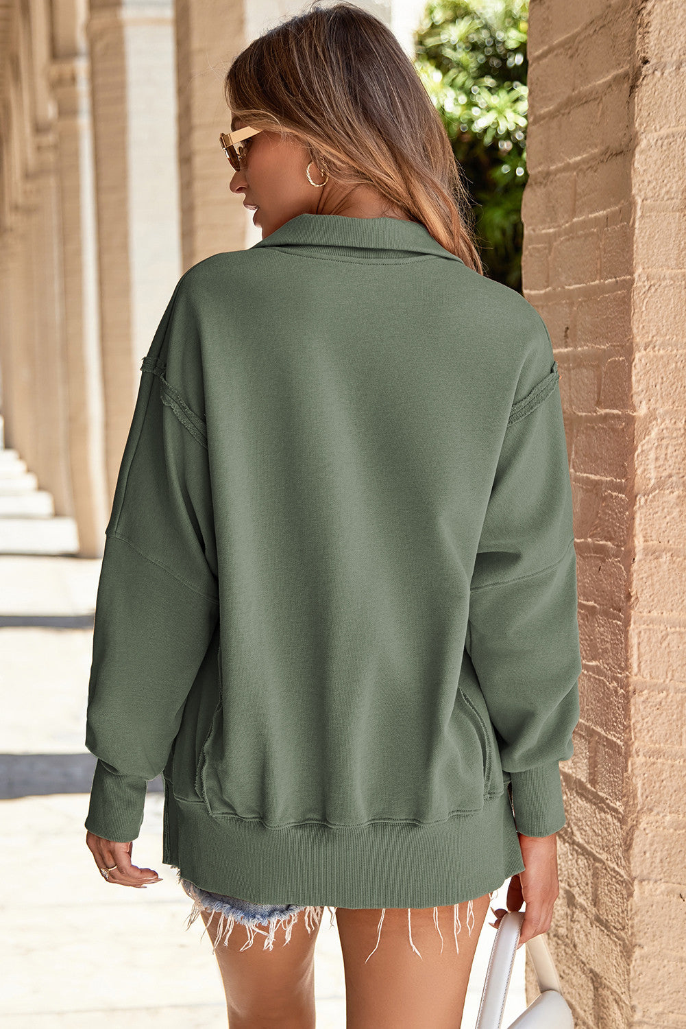 Moss Green Buttoned Collared Raw Detail High Low Baggy Sweatshirt with Slits - PREORDER