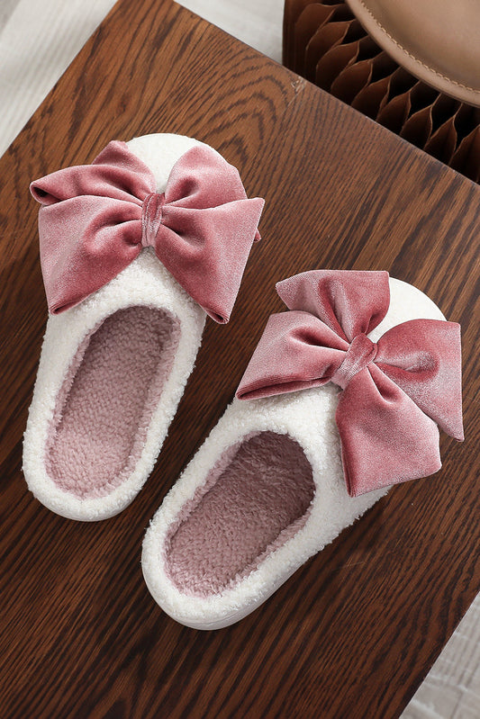 White Glister Ribbon Bow Decor Contrast Liner Plush Slippers - PREORDER