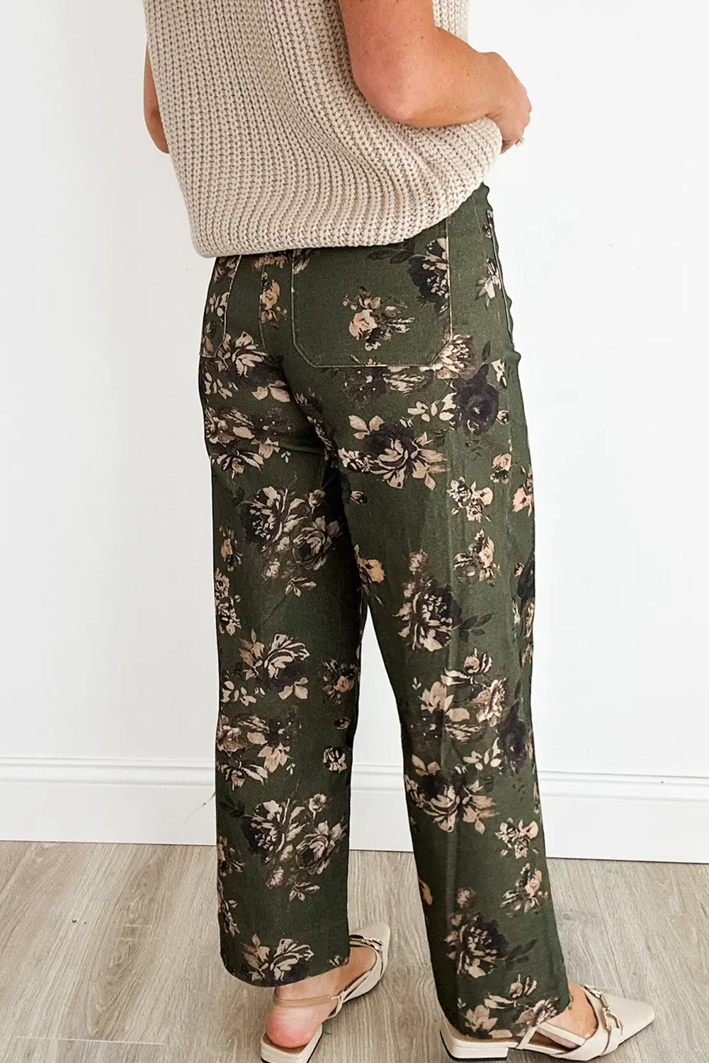 Green Vintage Floral Print Square Patch Pocket Raw Hem Shift Jeans - PREORDER