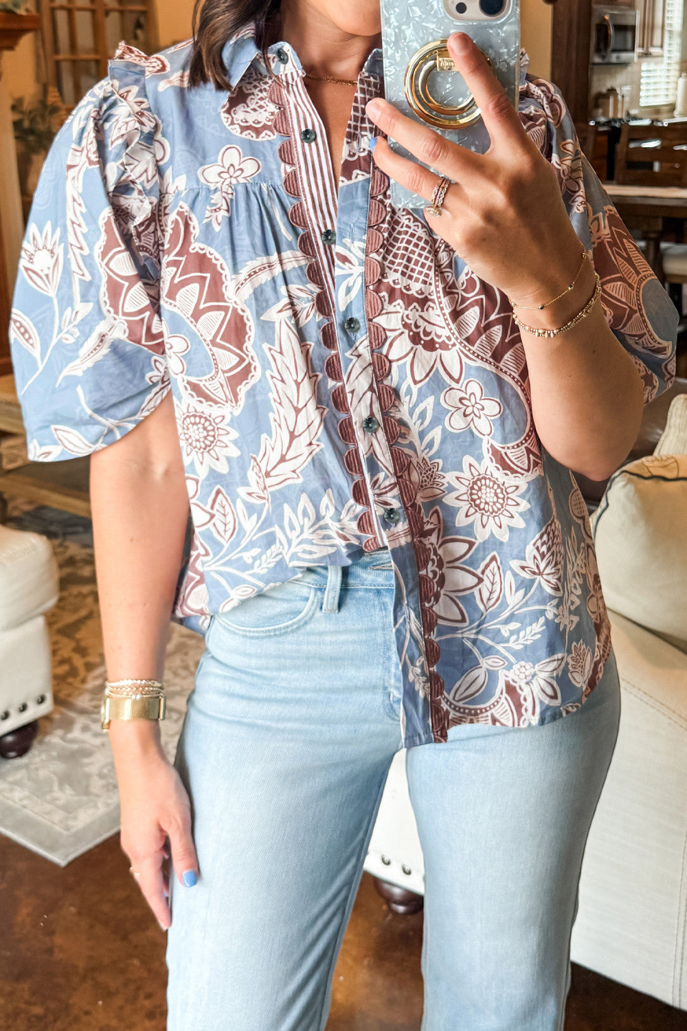 Sky Blue Boho Floral Print Scalloped Trim Button Down Short Sleeve Shirt - PREORDER