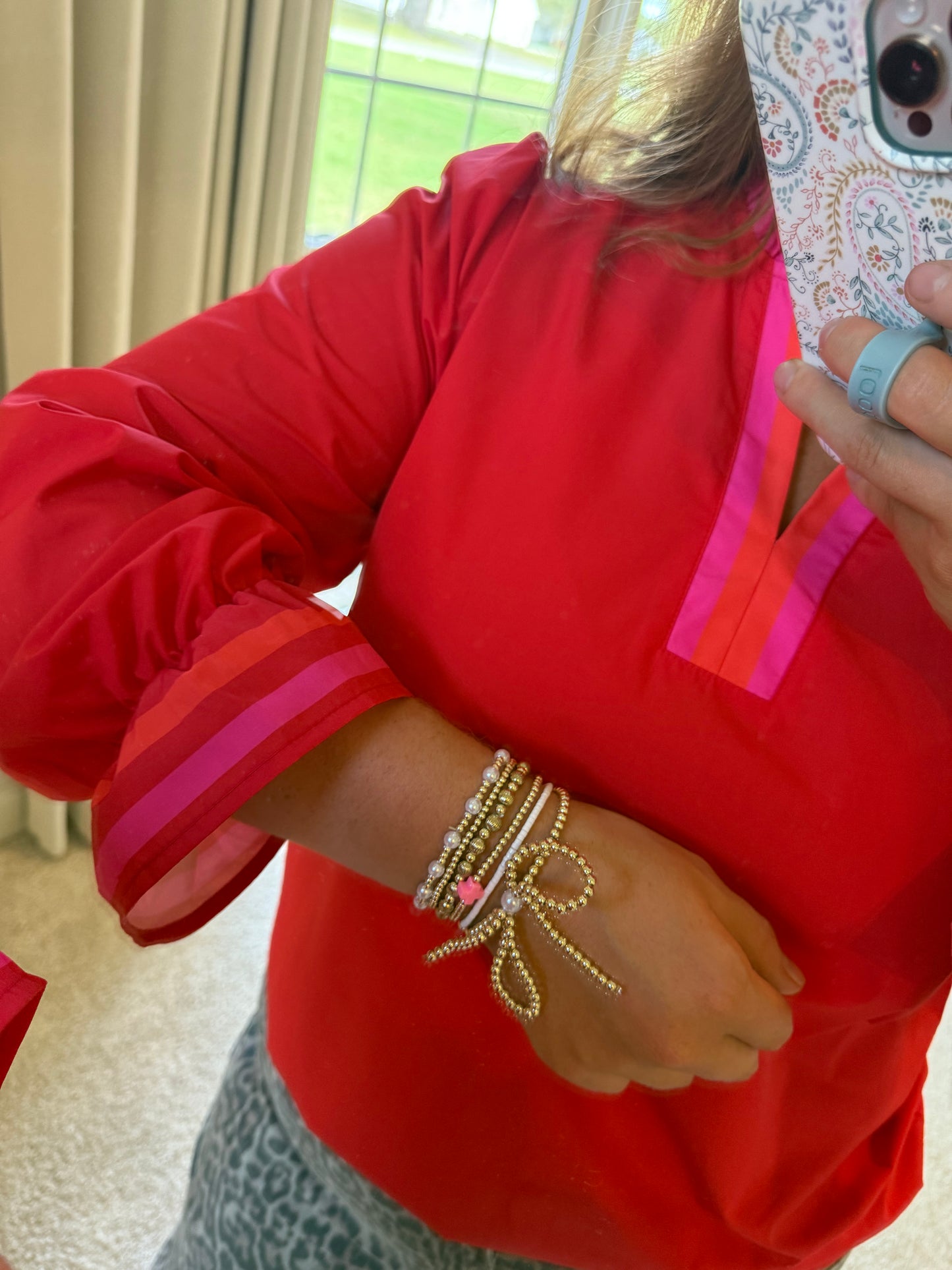 Fiery Red Striped Trim Ruffle Split Neck Long Sleeve Blouse - PREORDER