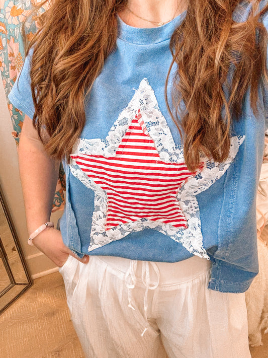 Mineral Washed Usa Stripe Star Lace Patch Knit Top