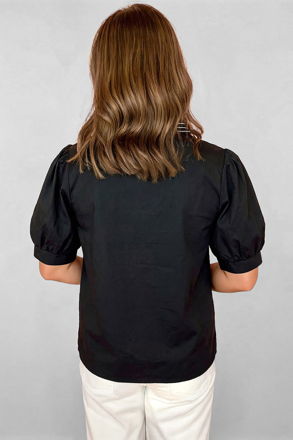 Black Short Puff Sleeve Contrast Embroidered Detail V Neck Blouse - PREORDER