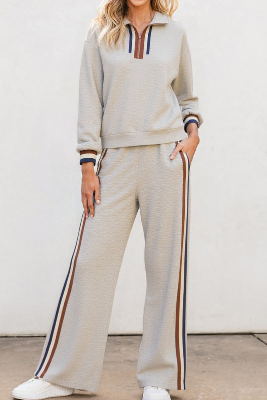 Gray Striped Patchwork Quarter Zip Pullover Loose Pant Set - PREORDER