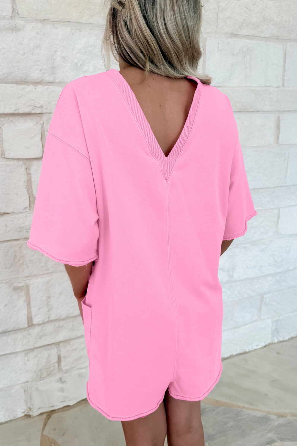 Pink Solid Color Raw Edge Half Sleeve Pocketed Loose Romper - PREORDER