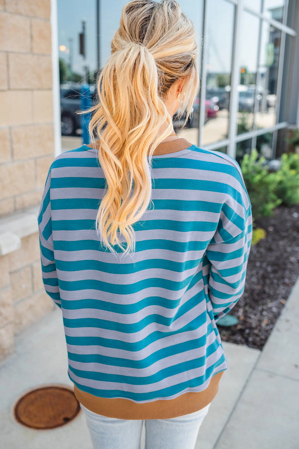 Sky Blue Stripe Contrast Color Ribbed Trim Round Neck Drop Shoulder Sweatshirt - PREORDER