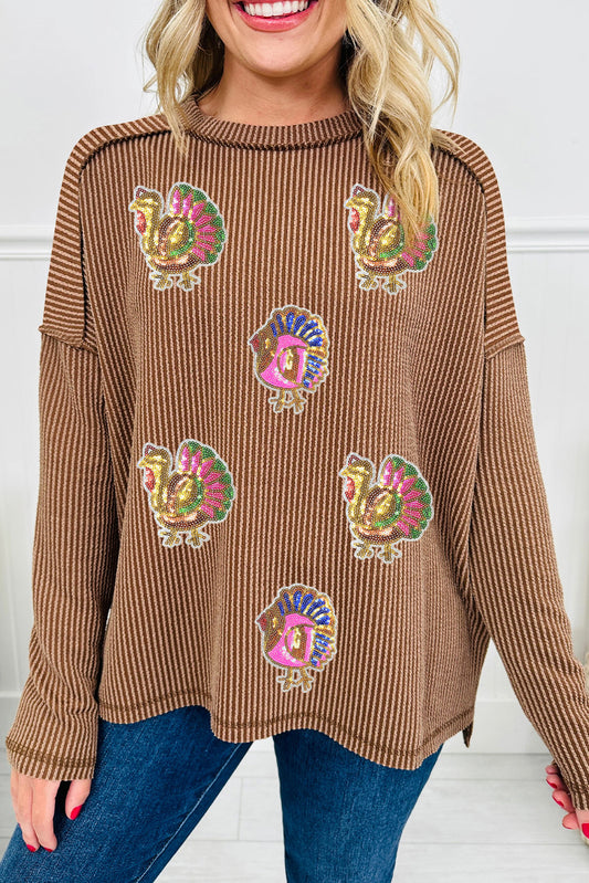 Dark Khaki Sequin Thanksgiving Turkey Patched Twisted Ribbed Exposed Seam Drop Shoulder Top - PREORDER