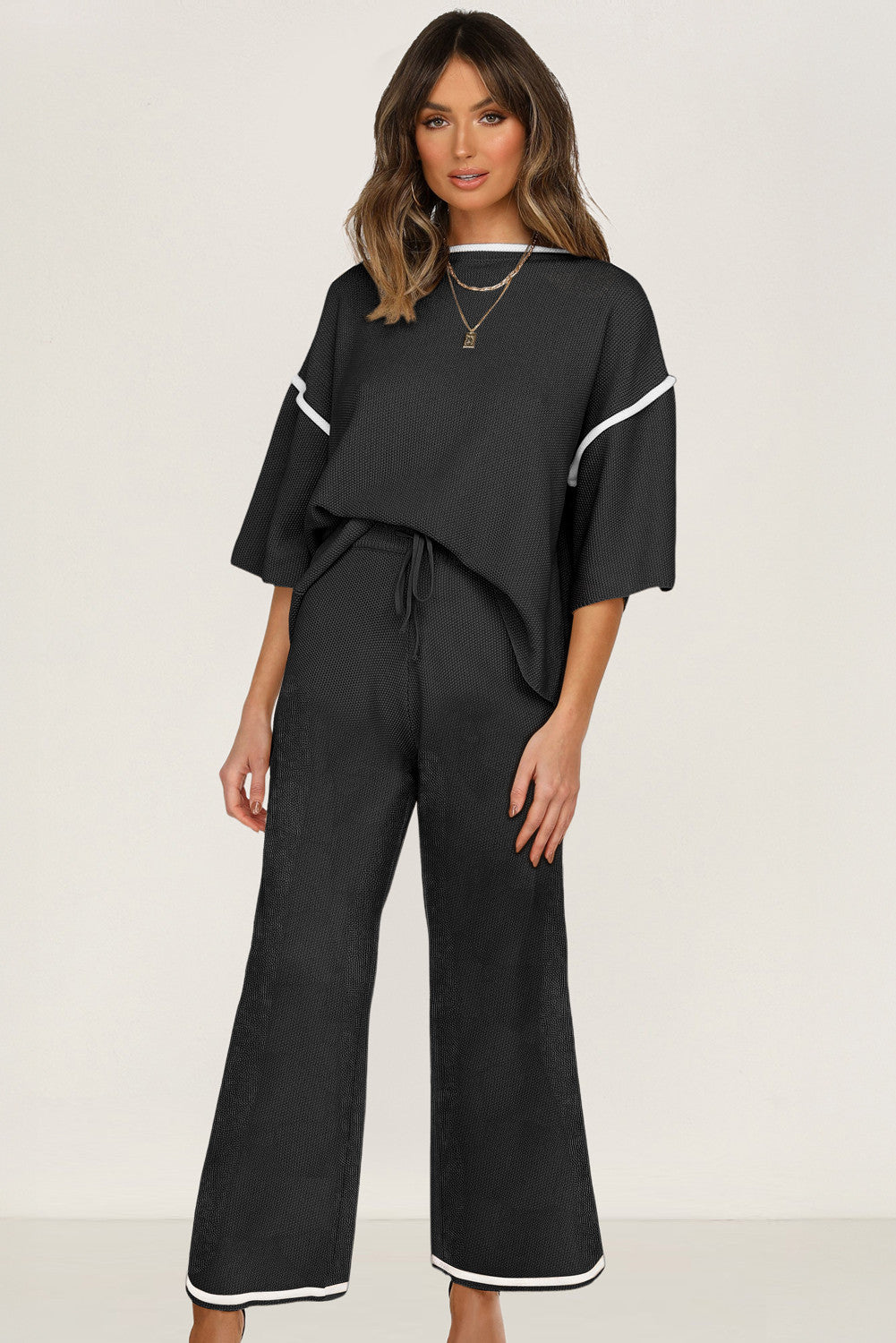 Black Contrast Trim Half Sleeve Top Drawstring Pants Loose 2pcs Sweater Suit - PREORDER