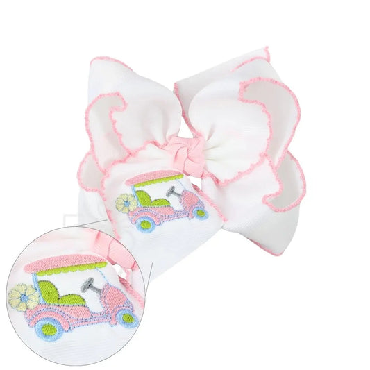 Embroidered Golfcart 5.5" Crochet Edge Hair Bow