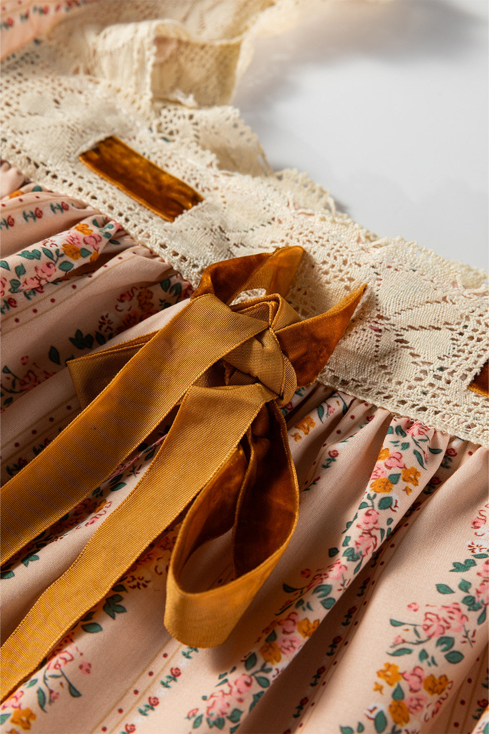 Floral Print Contrast Velvet Bow Lace Patchwork Long Sleeve Loose Mini Dress - PREORDER