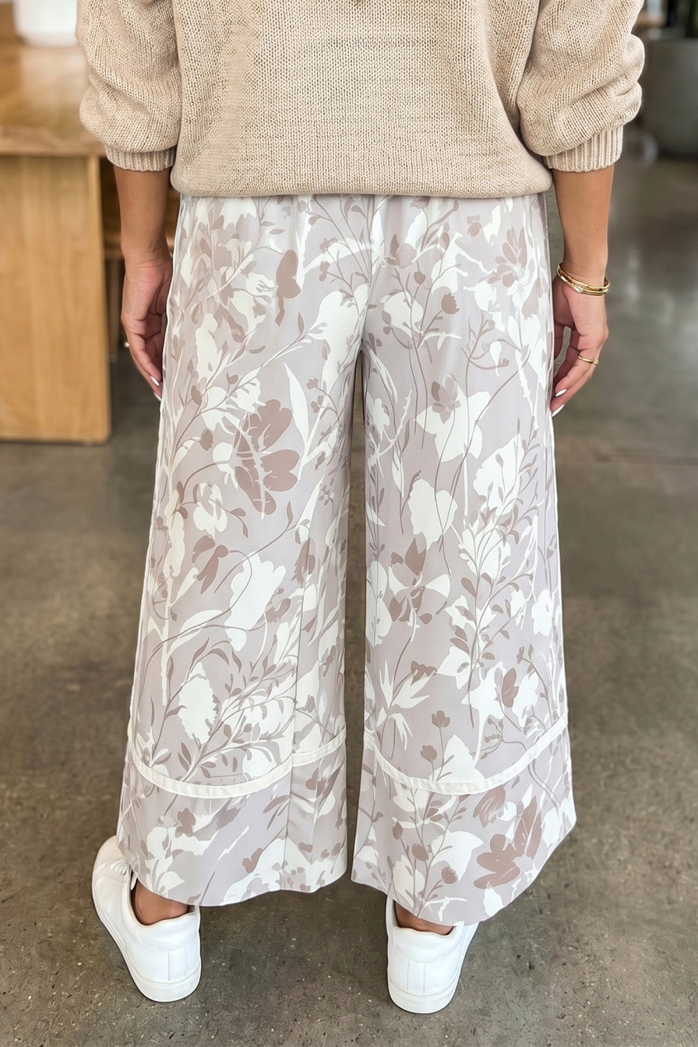 Gray Floral Print Wide Leg Ankle-Length Elastic Waistband Pants - PREORDER