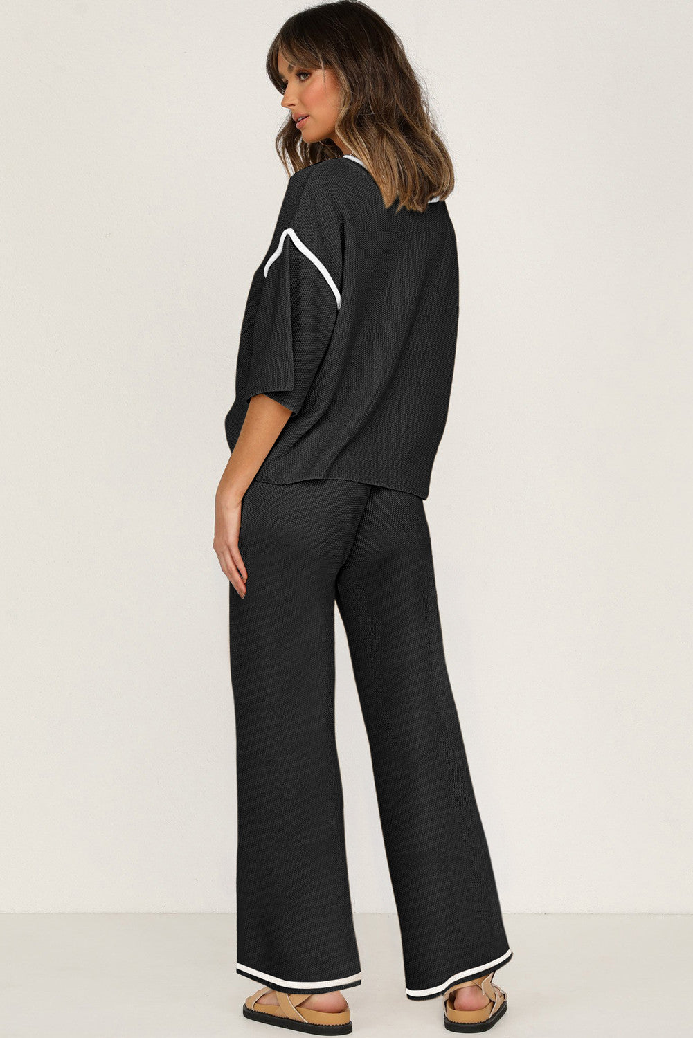 Black Contrast Trim Half Sleeve Top Drawstring Pants Loose 2pcs Sweater Suit - PREORDER