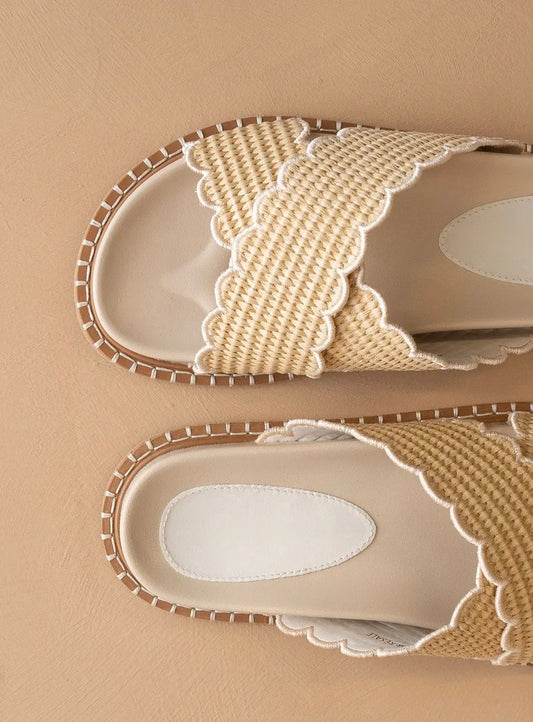 Beige Double Strap Raffia Slide