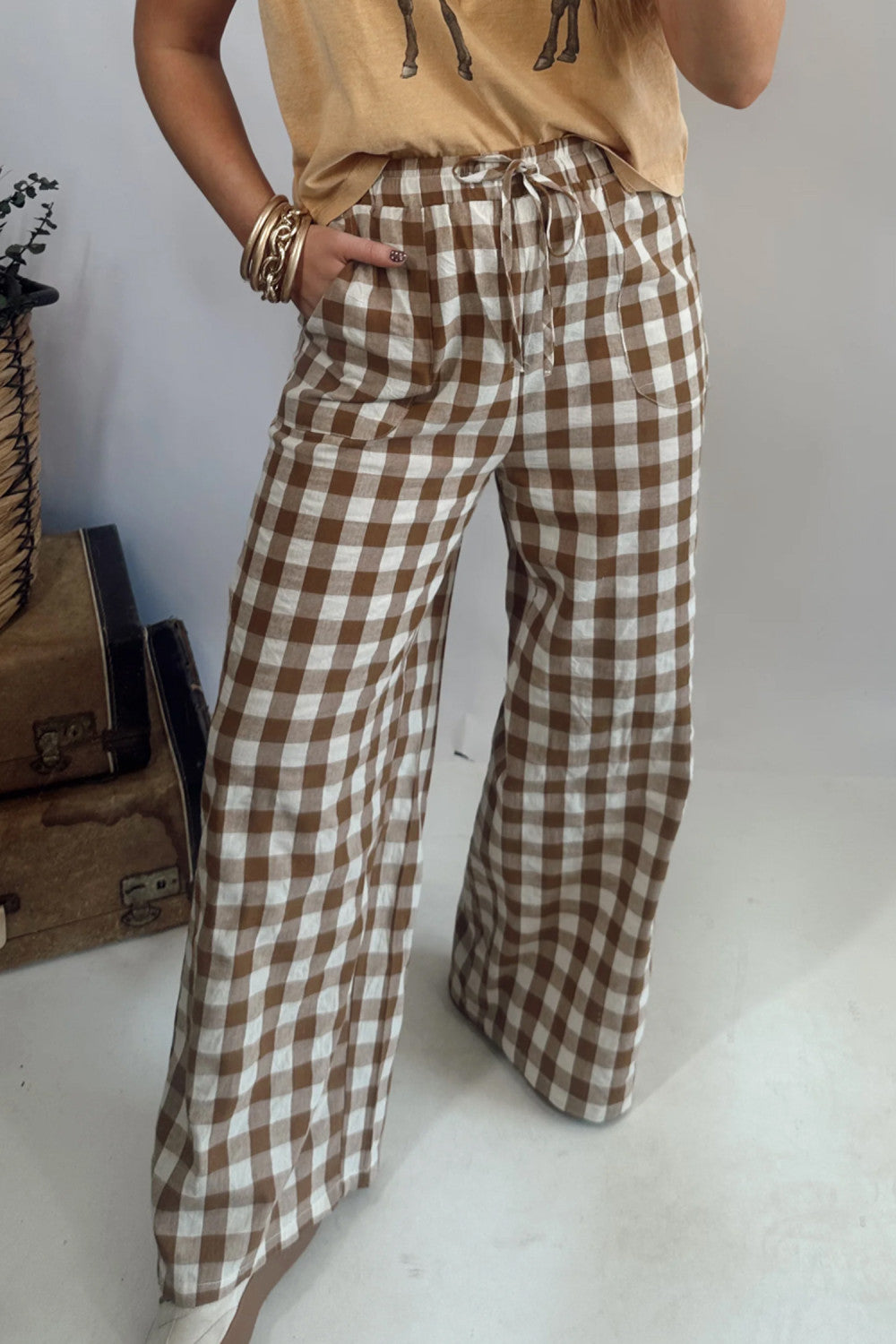Brown Gingham Plaid Tie Elastic Waist Shift Pants - PREORDER