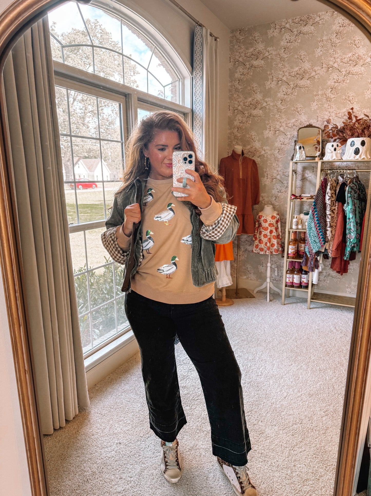 Khaki Sequin Mallard Duck Graphic Baggy Sweatshirt - PREORDER